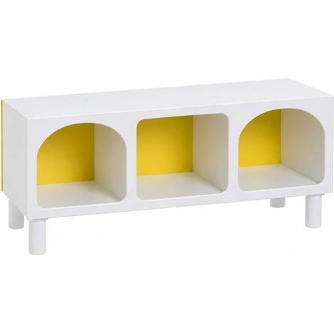 Etagère Meuble de rangement bas blanc pour chambre d'enfant à 3 Niches à fond jaune - Longueur 90 x Profondeur 32 x Hauteur 40 cm (1/5)