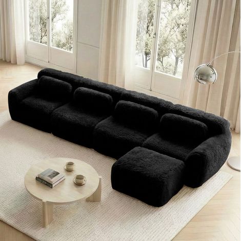 Sofá modular de esquina en L de 4 plazas negro de tejido efecto peluche con cojines OKWISH (1/5)