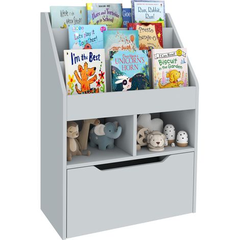 Kinderregal mit Schublade, unterteiltes Bücherregal, 60 x 29,9 x 90 cm, grau