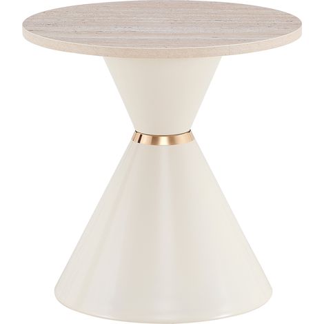 Set de 2 tables basses gigognes avec plateau mélaminé aspect travertin, structure métal crème avec détails dorés (1/5)
