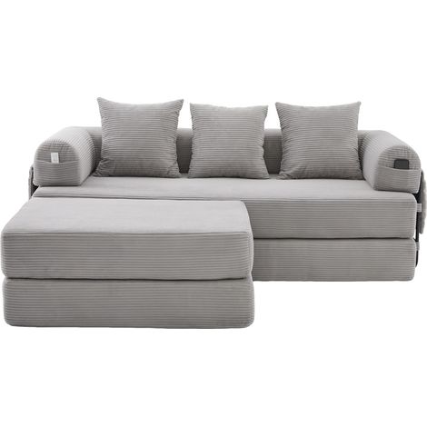Divano modulare in velluto a coste con pouf, 3 cuscini e tasca laterale, grigio chiaro (1/5)