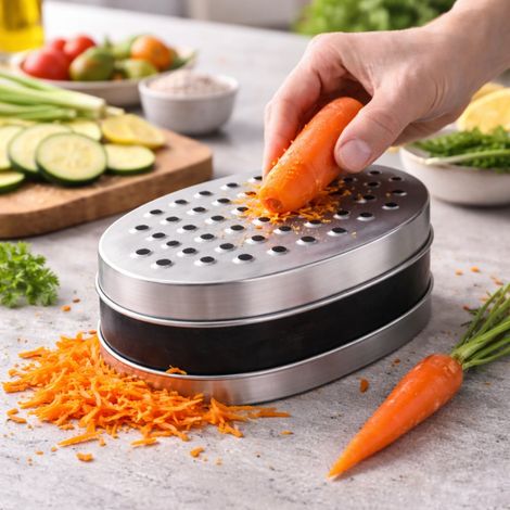 Râpe en Inox 17 cm avec Boîte de Récupération – Double Face Épais & Fin, Précise et Pratique pour Fromage, Légumes et Zestes (1/5)