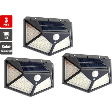 Lot de 3 lampes solaires LED de 100 LED pour jardin extérieur, projecteur solaire à détecteur de mouvement, applique murale de sécurité étanche. (1/5)