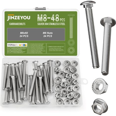 Lot de 48 vis de carrosserie M8 x 60 mm en acier inoxydable avec écrous à bride hexagonale, vis à tête bombée avec collet carré, vis de serrure à tête bombée plate avec écrous (1/5)