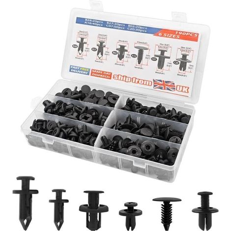 Kit de 190 clips de fixation pour automobile, rivets en plastique noir, clips de protection pour panneaux de porte et pare-chocs, compatible avec la plupart des véhicules.