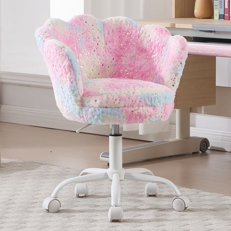 Wahson Sedia Scrivania Cameretta in Pelliccia, Forma di Petalo per Studio Altezza Regolabile con Ruote Comoda Seduta Imbottita, Rosa