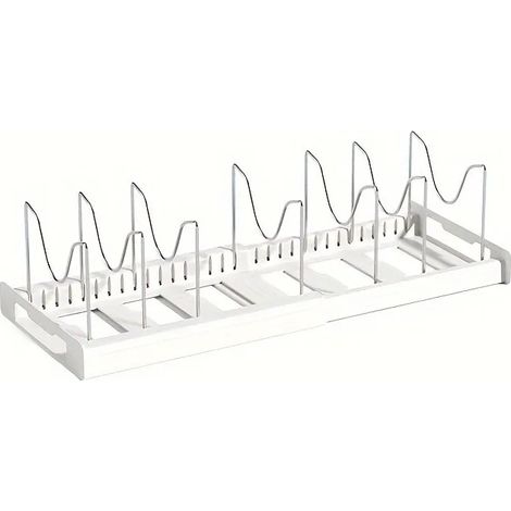 (BLANC) Étagère de rangement extensible pour casseroles et poêles de cuisine, avec séparateur ajustable, solution de rangement polyvalente. (1/5)