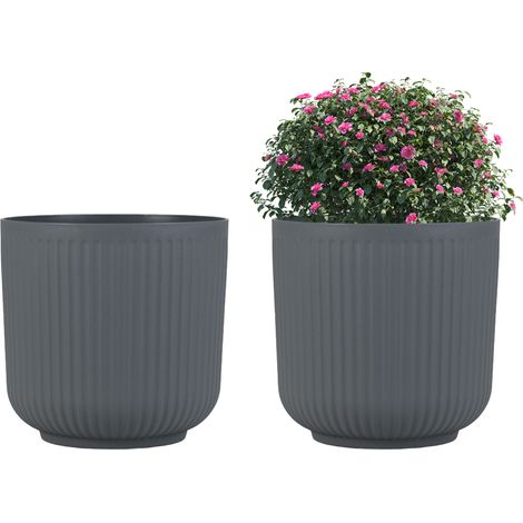 COSTWAY Round Plastic Planters Set of 2 32 cm Striped Flower Pots-Gray (1/5)
