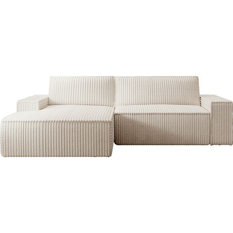 Canapé d'angle gauche convertible en velours côtelé grosses côtes beige AMELIA (1/4)