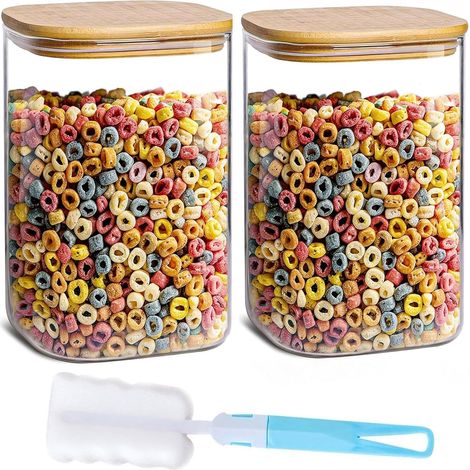 Lot de 2 Bocaux Verre 1150ml, Couvercle Bambou, Hermétique, Épices, Transparent, Brosse, Empilable (1/5)
