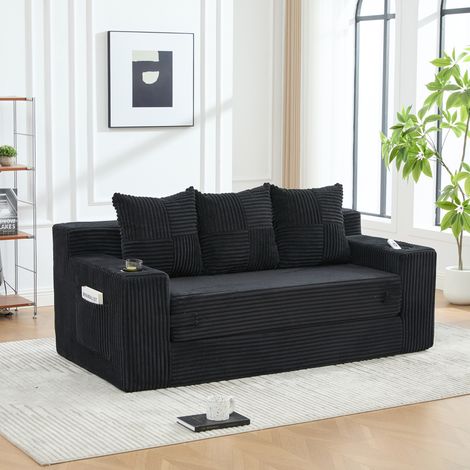 Canapé trois places en tissu coton et lin, avec porte-gobelet et poches latérales, peut être transformé en trois places assises, design sans cadre avec coussins et dossier tricotés, grande assise (1/4)