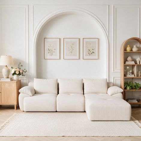 Canapé d'angle 3 places modulable en L convertible - design moderne confortable - 3 coussins de dossier et 4 coussins d'assise - 264 x 161 x 71 cm - pour salon - Beige