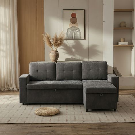 Canapé d'angle, rangement latéral, velours chenille, capacité de charge de 120 kg, installation possible à gauche ou à droite, gris (1/5)