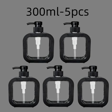 (Noir - 300 ml - Lot de 5) Distributeurs de savon de salle de bain rechargeables pour lotion, shampoing et gel douche, flacon pompe de voyage vide (1/5)