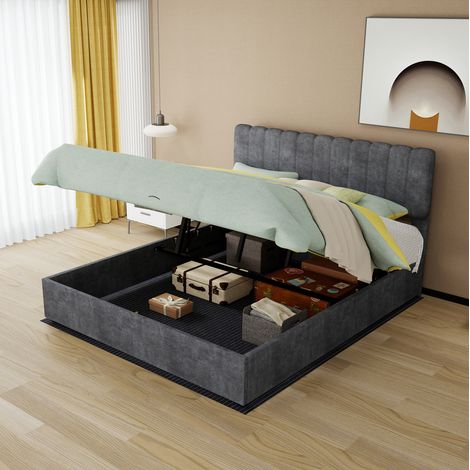 Cama doble tapizada 160x200 gris moderna OKMYHOME (1/5)