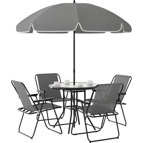 6-Piece Steel Garden Table and Chairs Set with Parasol, Furniture Set with 4 Folding Textilene Chairs and Round Glass Table, Outdoor Set for Patio, Terrace, Grey (1/5)