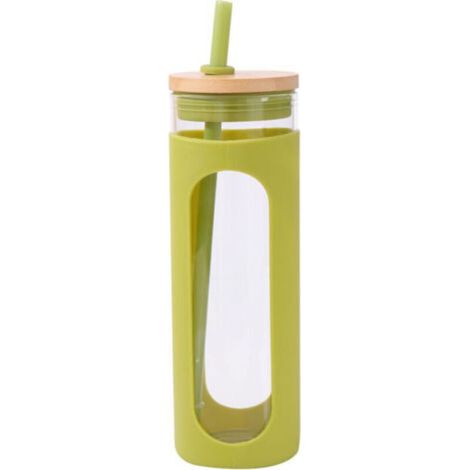 Bouteille d'eau en verre avec paille en bambou et couvercle étanche - gobelet écologique avec manchon en silicone, adapté à la maison et aux voyages. (1/5)