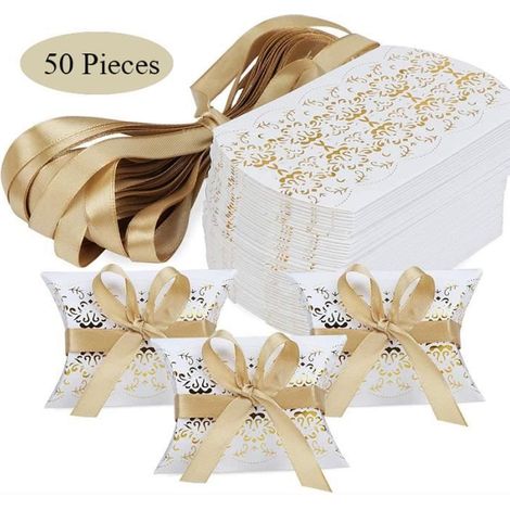 50 pièces de boîte cadeau de mariage en forme d'oreiller, boîte cadeau en papier kraft, boîte à bonbons, kit avec rubans dorés, (1/4)