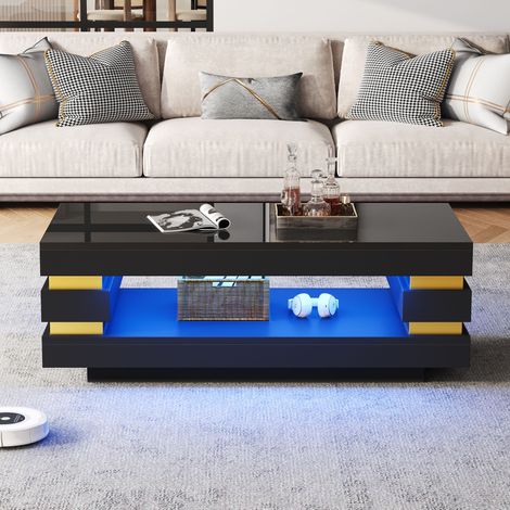 Tavolino rettangolare a LED 100x50x35 cm con vano a giorno, in truciolato, nero e oro