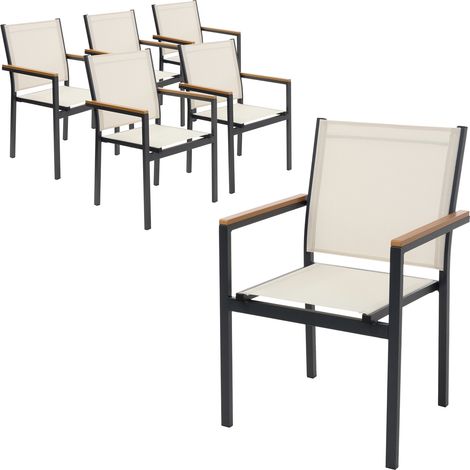 ML-Design Gartenstühle 6er Set mit Armlehnen in Holzoptik, Beige, Gartenstuhl aus Textilene, Terrassenstühle mit Aluminiumgestell, Balkonstuhl wetterfest/stapelbar, Sessel für Garten Balkon & Terrasse