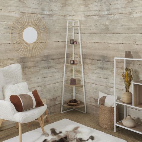 Étagère - HOME DECO FACTORY - Angle - 5 Niveaux - Bois et Métal - Blanc et Marron (1/5)