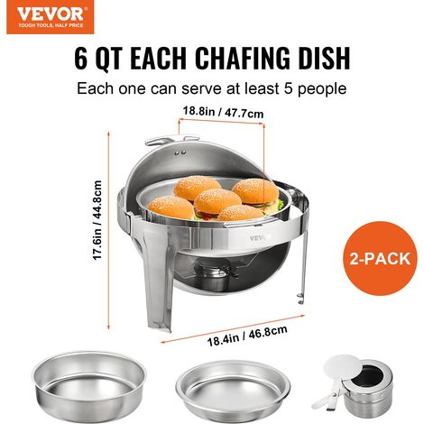Chauffe-Plat Lot de 2 Bacs Ronds de 5,5 L Buffet Chauffant à Combustible Réchaud Inox Alimentaire Récipient Maintient au Chaud Couvercle Enroulable Buffet en Libre-Service Hôtel Restauration (1/5)
