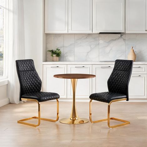 Table ronde en MDF noyer avec piètement doré et 2 chaises en PU (1/5)