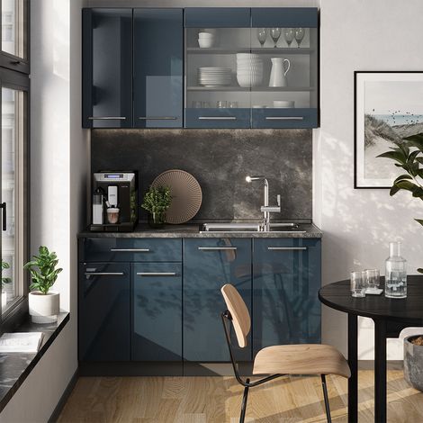 Cocina para solteros Fame-Line, Azul oscuro alto brillo/antracita, 140 cm , ET Mármol, Vicco