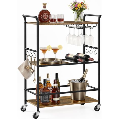 Desserte à roulettes, 3 Niveaux, avec Porte-Bouteilles et Porte-Verres, 64,5 x 32 x 85,5 cm, pour Bar, Marron Rustique et Noir Mat, Collection LRC200K101 (1/5)
