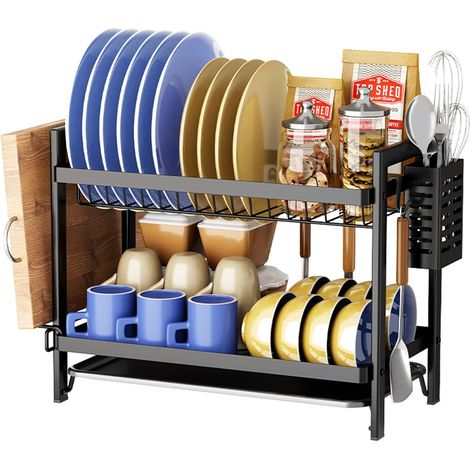 Egouttoir Vaisselle, Egouttoir de Cuisine Antirouille avec Egouttoir et Support pour Ustensiles, Egouttoir Vaisselle Multifonctionnel à 2 Niveaux, Egouttoir D'évier pour Comptoir de Cuisine - Noir (1/5)