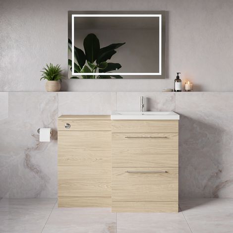 Napoli 390 Light Oak 1100mm 2 Drawer Vanity Unit Toilet Suite with Glide Basin - 1100mm - Chrome 320mm HandleWithout Kingston Toilet Pan