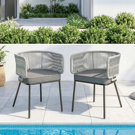 Lot 2 fauteuils Gris jardin dossier et accoudoirs corde résine tressée coussins amovibles clair 55x57x75 cm