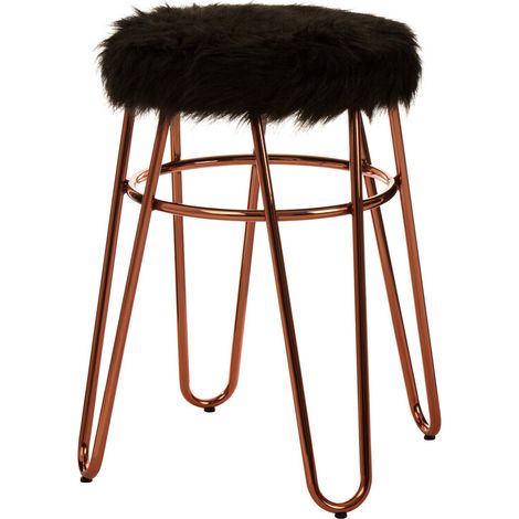 Interiors by Premier Rose Gold Metal and Black Faux Fur Stool, Small Hairpin Round Stool, Plush Fur Stool for Lounge, Bedroom (1/5)