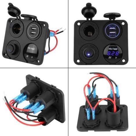 Interrupteur à bascule - 4 panneaux - Double chargeur USB - Voltmètre LED bleu - Étanche IP65 (1/4)