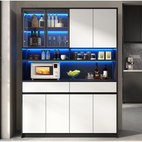 Buffet haut avec LED, façade vitrée, 4 portes, 2 tiroirs et grand rangement en MDF noir et blanc, idéal salon ou cuisine – CHICFURN (1/5)