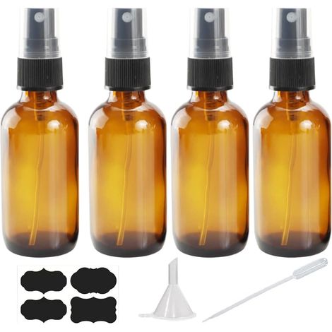 Bouteille de pulvérisation en verre ambré de 4 oz pour les huiles essentielles, petite bouteille de pulvérisation vide à brouillard fin, 4 packs avec entonnoir compte-gouttes