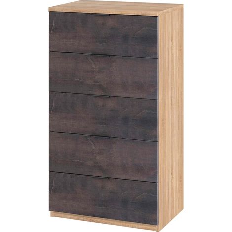 Comò Alto 5 Cassetti Sinfonier Stile Industriale Comodino Mobile Contenitore Salvaspazio Moderno Camera Da Letto Ingresso Stanza Arredo Burgos 110 x 60 x 40 Cm Rovere E Ossido