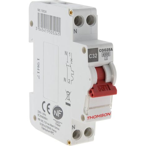 Thomson – Disjoncteur unipolaire 32A NF – Pouvoir de coupure 4,5kA – Indicateurs ON/OFF mécaniques – Bornes à vis pour installation facile