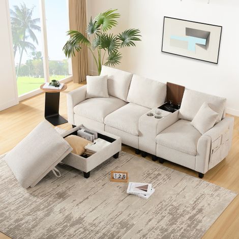 Modern L-Form Ecksofa, Umwandelbares Sofa mit Konsole, 2 Becherhaltern, USB Ladeanschlüssen, Armlehnen Aufbewahrungstasche und Kissen, Cord Stoff, Komfort Sofa für Wohnzimmer, Apartment, Kleine Räume