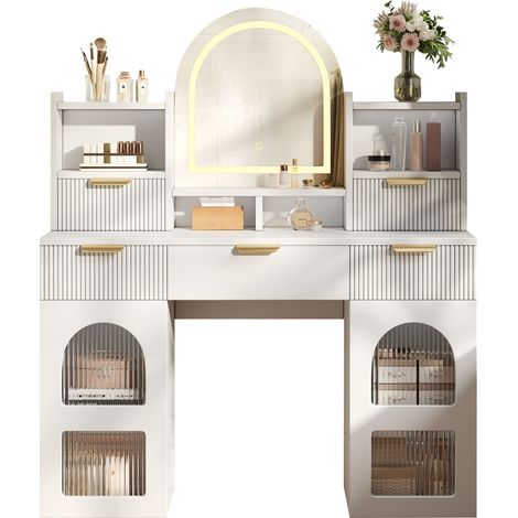 ELVMI Tocador con 3 Cajones, 2 Puertas de Cristal, Estantes Ajustables y Espejo LED, Dormitorio, Blanco, 120x40x139.5 cm (1/5)