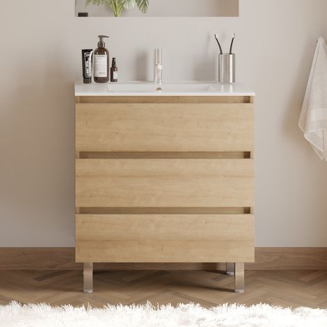 Meuble de salle de bain 60cm simple vasque - sans miroir - 3 tiroirs - nebraska (bois clair) - MAYOR