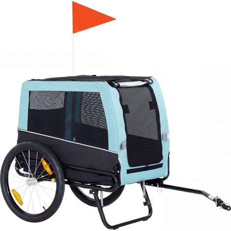 Remolque para bicicleta para perros, estructura metálica, capacidad de 20 kg, azul.