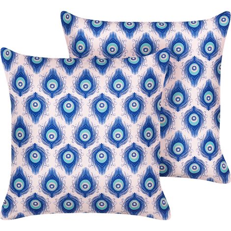 Conjunto de 2 cojines de jardín almohada de exterior 45 x 45 cm poliéster motivo pavo real azul y rosa Ceriana