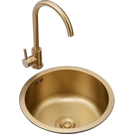 Magnifique Mini-évier Rond en Acier Inoxydable doré à cuve Unique avec Siphon et Robinet pour Balcon, Bar de Cuisine, Petits espaces (28 x 28 x 20 cm) (1/5)