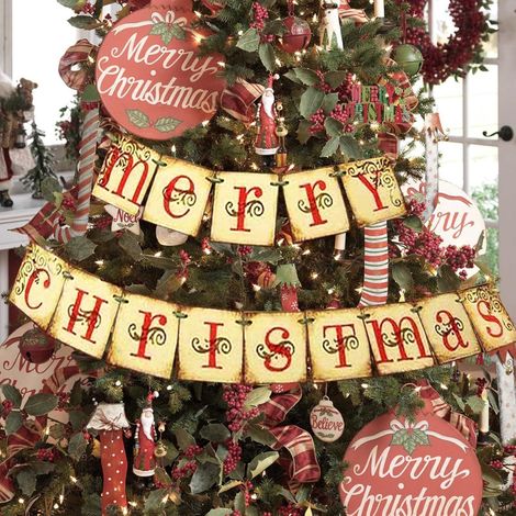 Bannière De Noël - Motif Merry Christmas - En Papier Vintage - Pour Décoration Intérieure Mur Porte Cheminée Arbre De Noël - 1 Pièce (1/5)