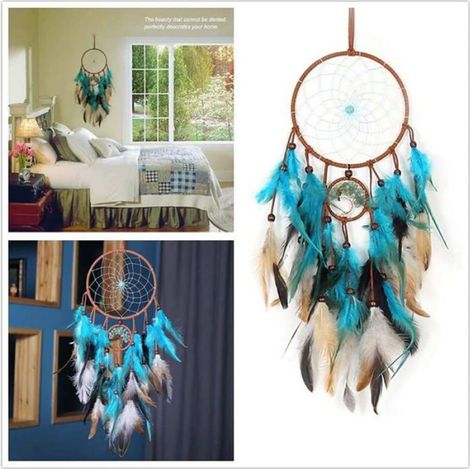 Roue à rêves artisanale en plumes bleues décoration murale traditionnelle pour intérieur (1/4)