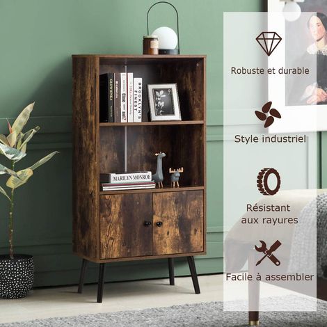 COSTWAY Bibliothèque Rustique à 3 Niveaux, avec 2 Portes, Pieds en Bois Massif (1/5)