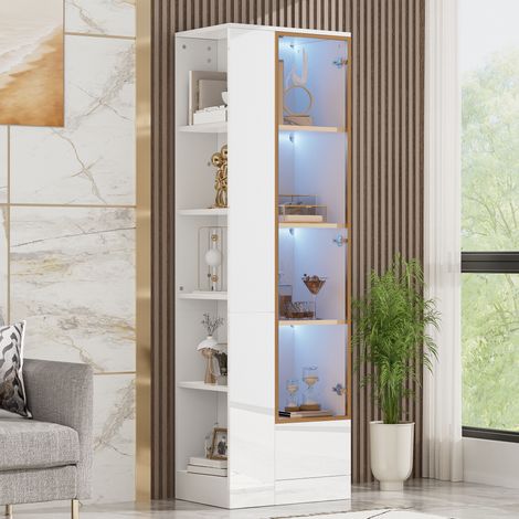 Vitrines en Verre 160 cm Blanc Brillant avec LED et Tiroir - Meuble de Rangement Salon Finition haute brillance - pour Salon et Salle à Manger (1/5)