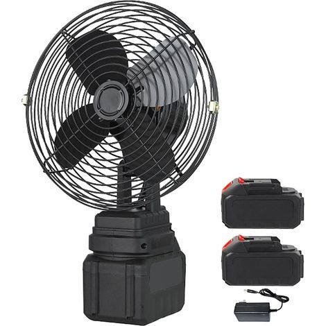 Ventilateur Métallique 8 Pouces Rechargeable, Ventilateur Sans Fil avec 2 Batteries 3000mAh, 2 Vitesses Réglable, pour Camping, Atelier, Maison (2 Batteries + 1 Chargeur)