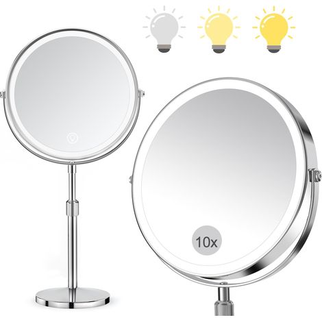 8‘’ Miroir de Maquillage Lumineux, Double Face 1X/10X Grossissant, Miroir Cosmétique LED avec 3 Modes d'Éclairage Dimmable, Hauteur Réglable, Rotation 360°, pour Salle de Bain et Coiffeuse (1/5)